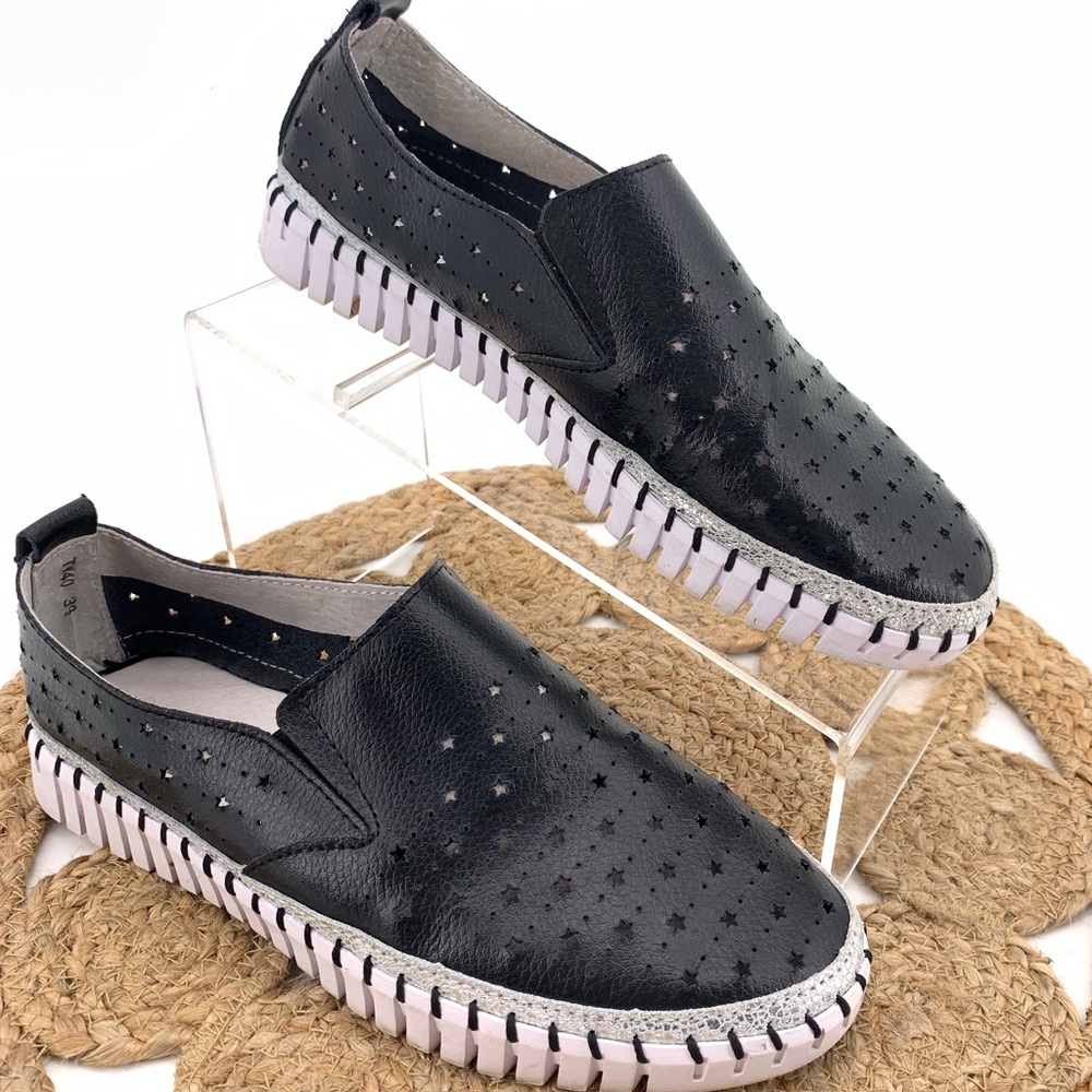 Bernie Mev Black Leather Slip On Sneaker Stars